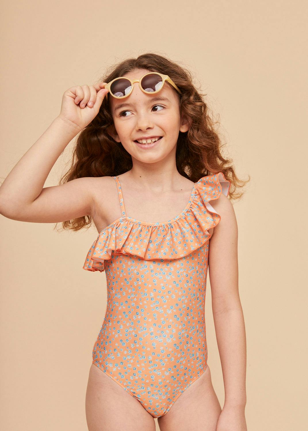 Orange Flowers Girls' Ruffle Swimsuit