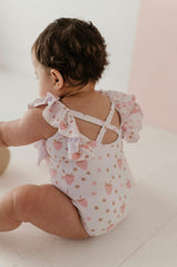 Girl's Ruffle Sleeve Cross Back Swimsuit