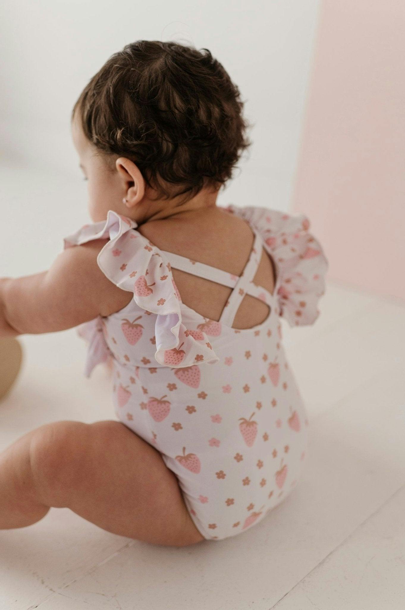 Girl's Ruffle Sleeve Cross Back Swimsuit