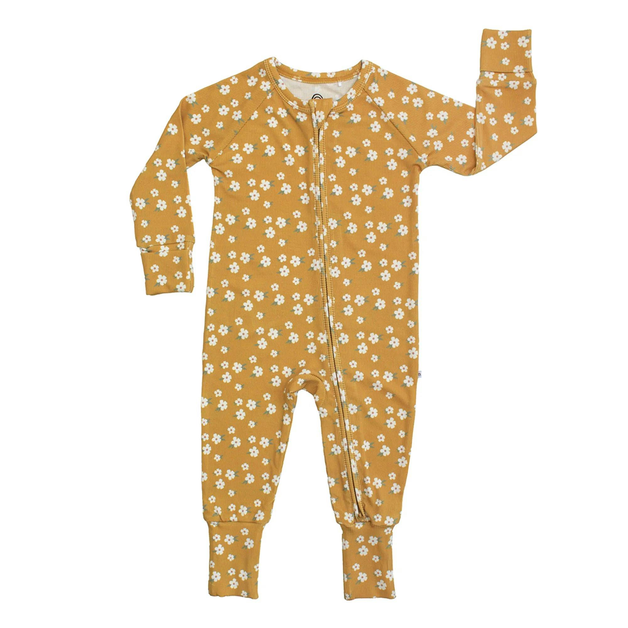 Golden Blooms Ribbed Bamboo Convertible Footie Romper