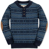 Organic Long Sleeve Henley Pullover Sweater with Elbow Patches, Blue