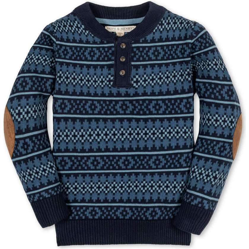 Organic Long Sleeve Henley Pullover Sweater with Elbow Patches, Blue
