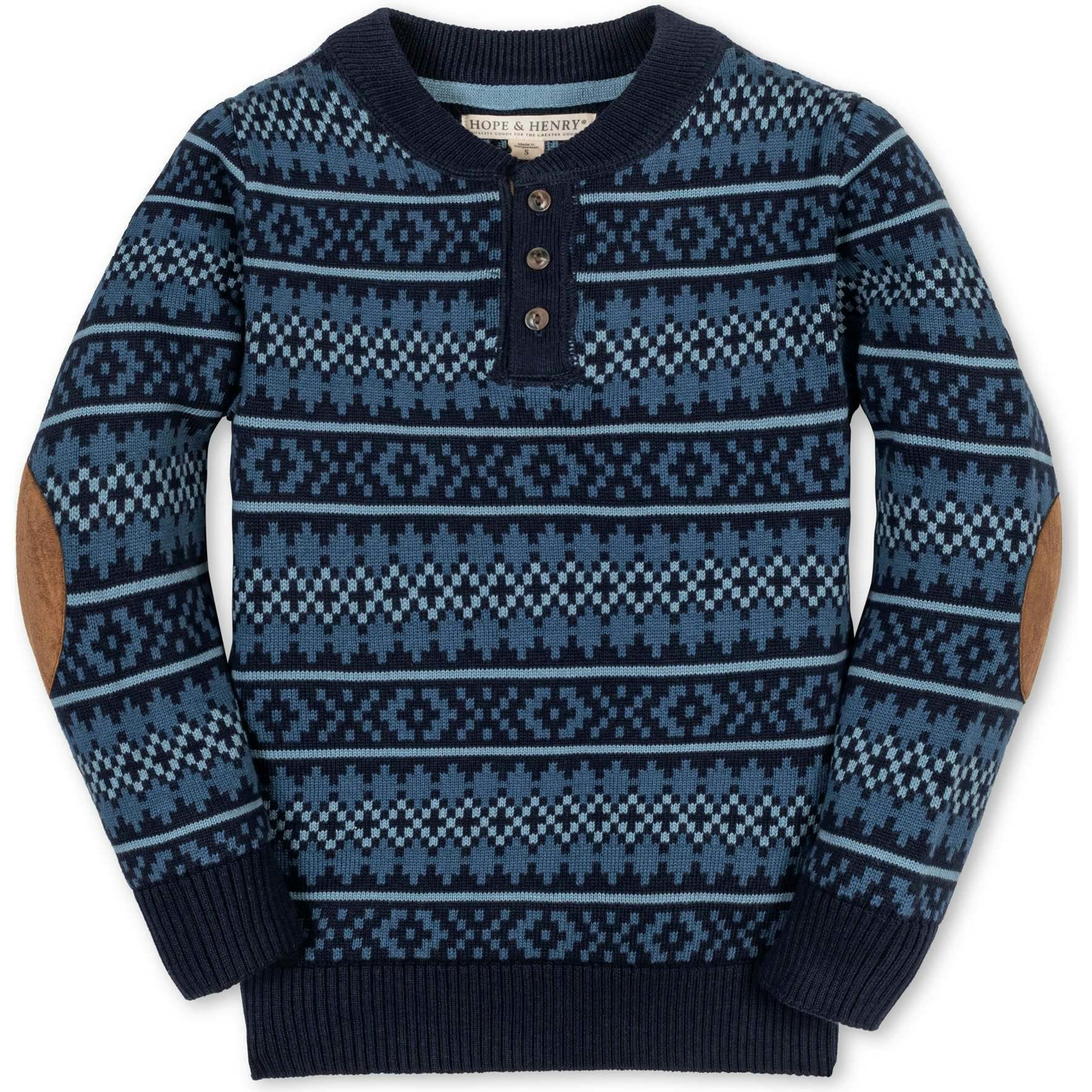 Organic Long Sleeve Henley Pullover Sweater with Elbow Patches, Blue