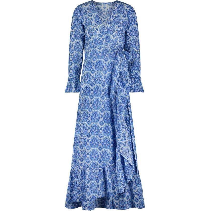 Genevieve Women's Ruffle Wrap Dress Blue Paisley, Blue