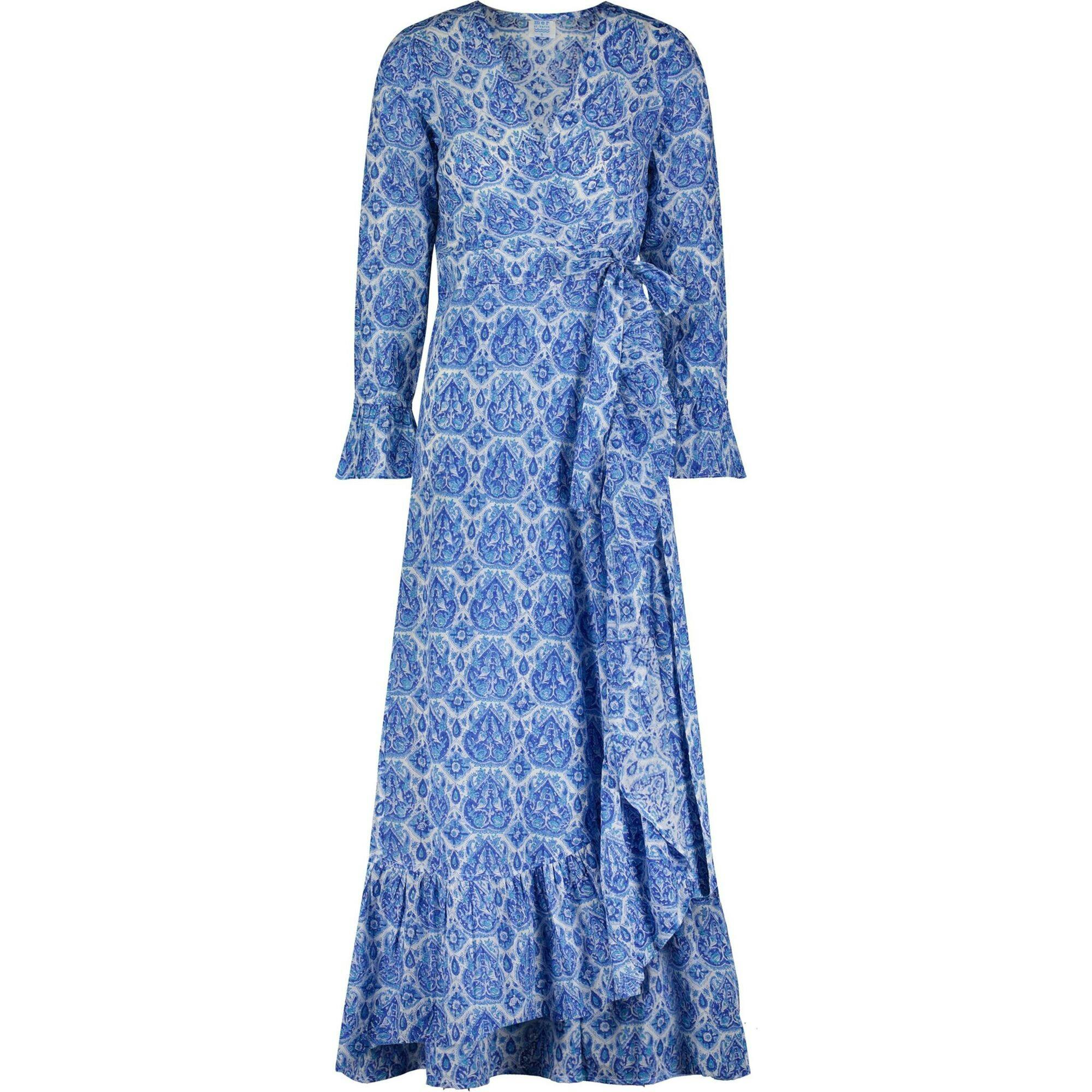 Genevieve Women's Ruffle Wrap Dress Blue Paisley, Blue