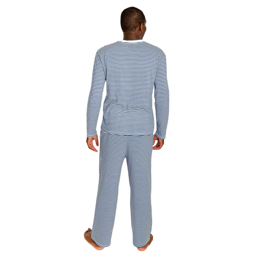 Men's Marina Jersey Long Knit Henley - Navy Stripe Organic Stretch Cotton