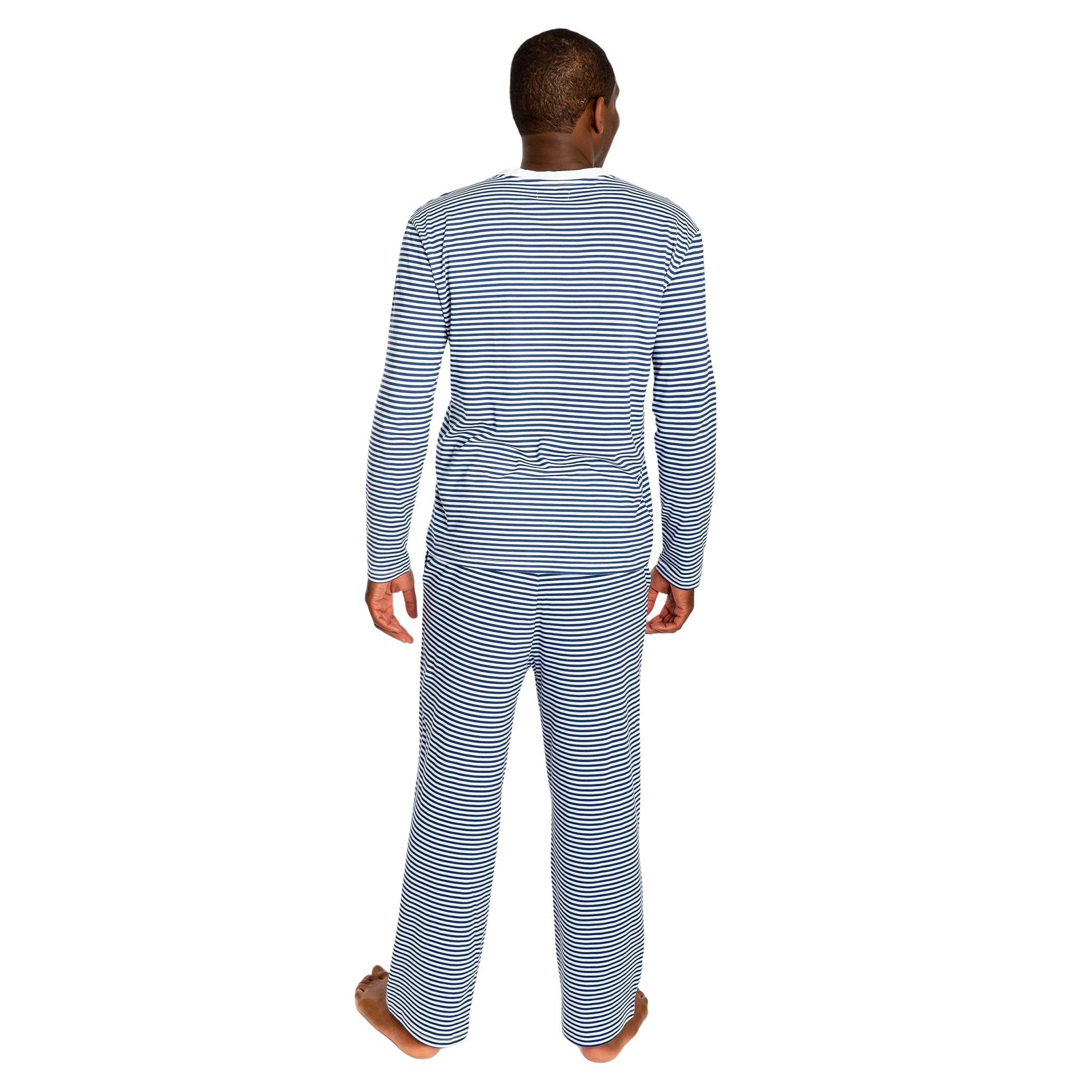 Men's Marina Jersey Long Knit Henley - Navy Stripe Organic Stretch Cotton