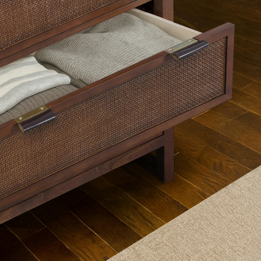 Hatteras Dresser with 6 Rattan Inset Drawers, Faux Leather Pulls & Deep Storage
