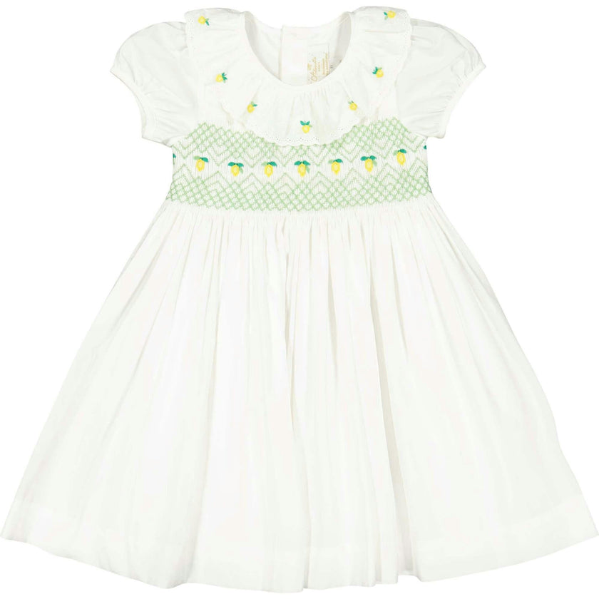 Victoria White Smocked Dress with Hand-Embroidered Lemons