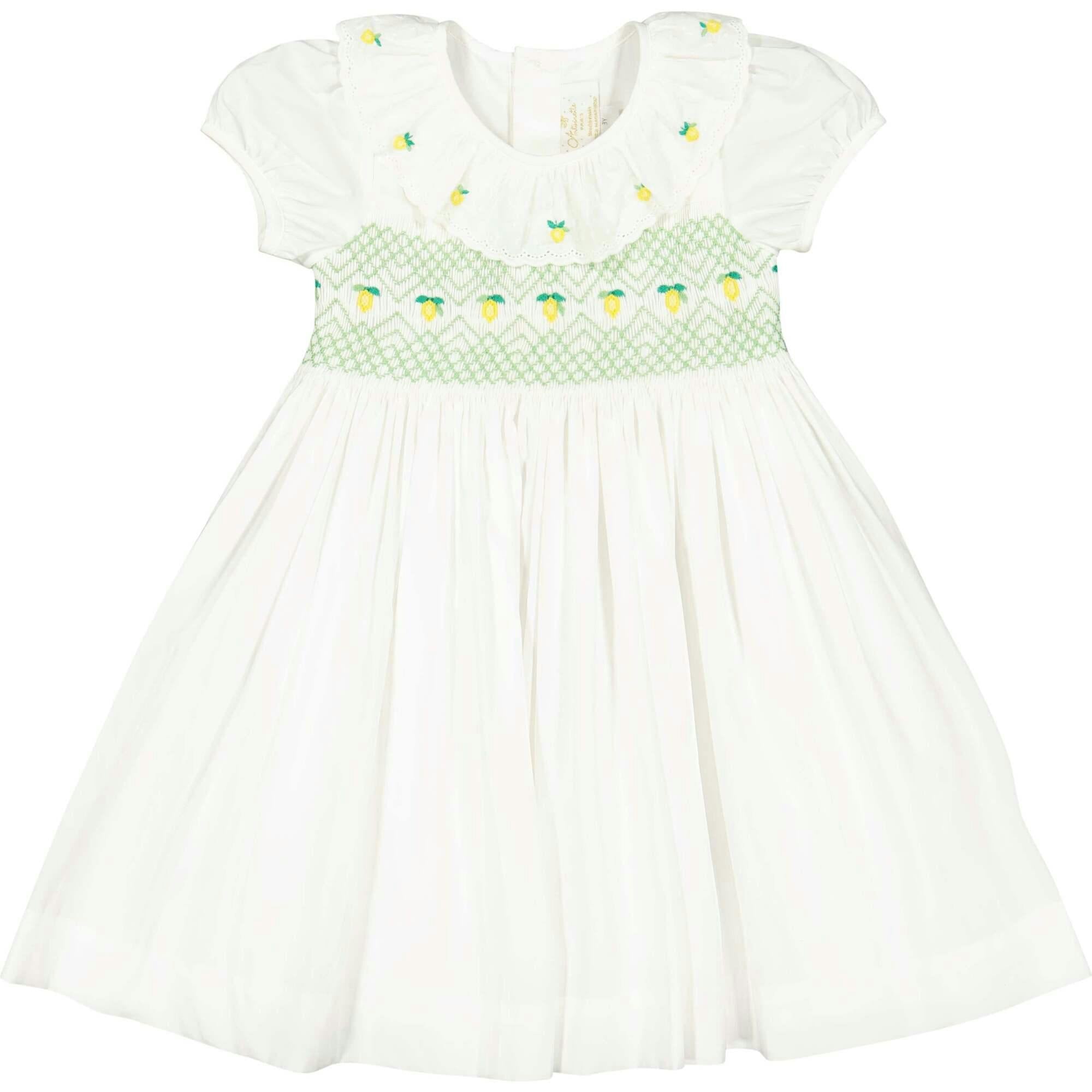 Victoria White Smocked Dress with Hand-Embroidered Lemons