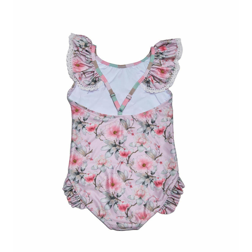 Girls Ruffle Neck One Piece Swimsuit (Petal Print)