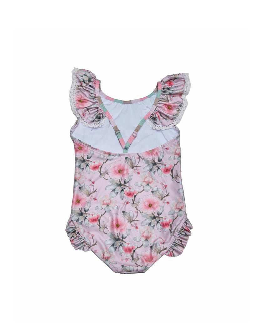 Girls Ruffle Neck One Piece Swimsuit (Petal Print)