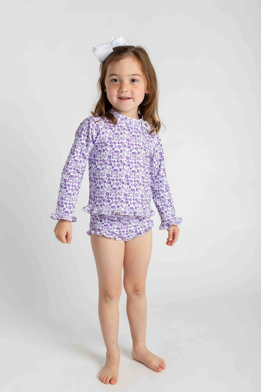 Floral Print Rashguard Swimsuit W/Ruffles