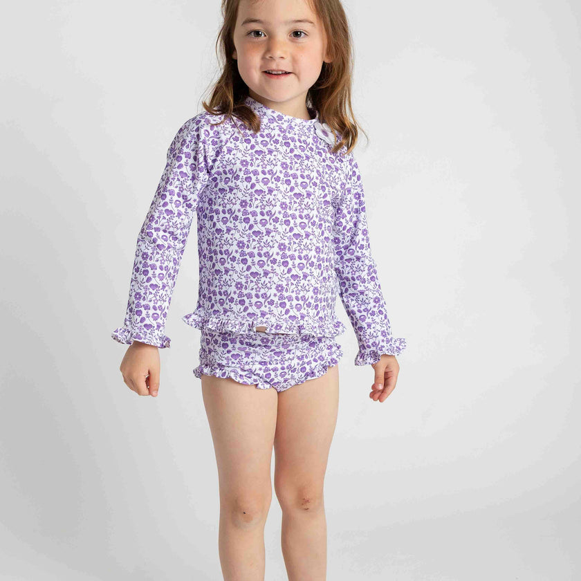 Floral Print Rashguard Swimsuit W/Ruffles