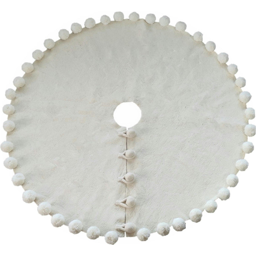 Handmade Felt Cream Pom Poms Christmas Tree Skirt 63"