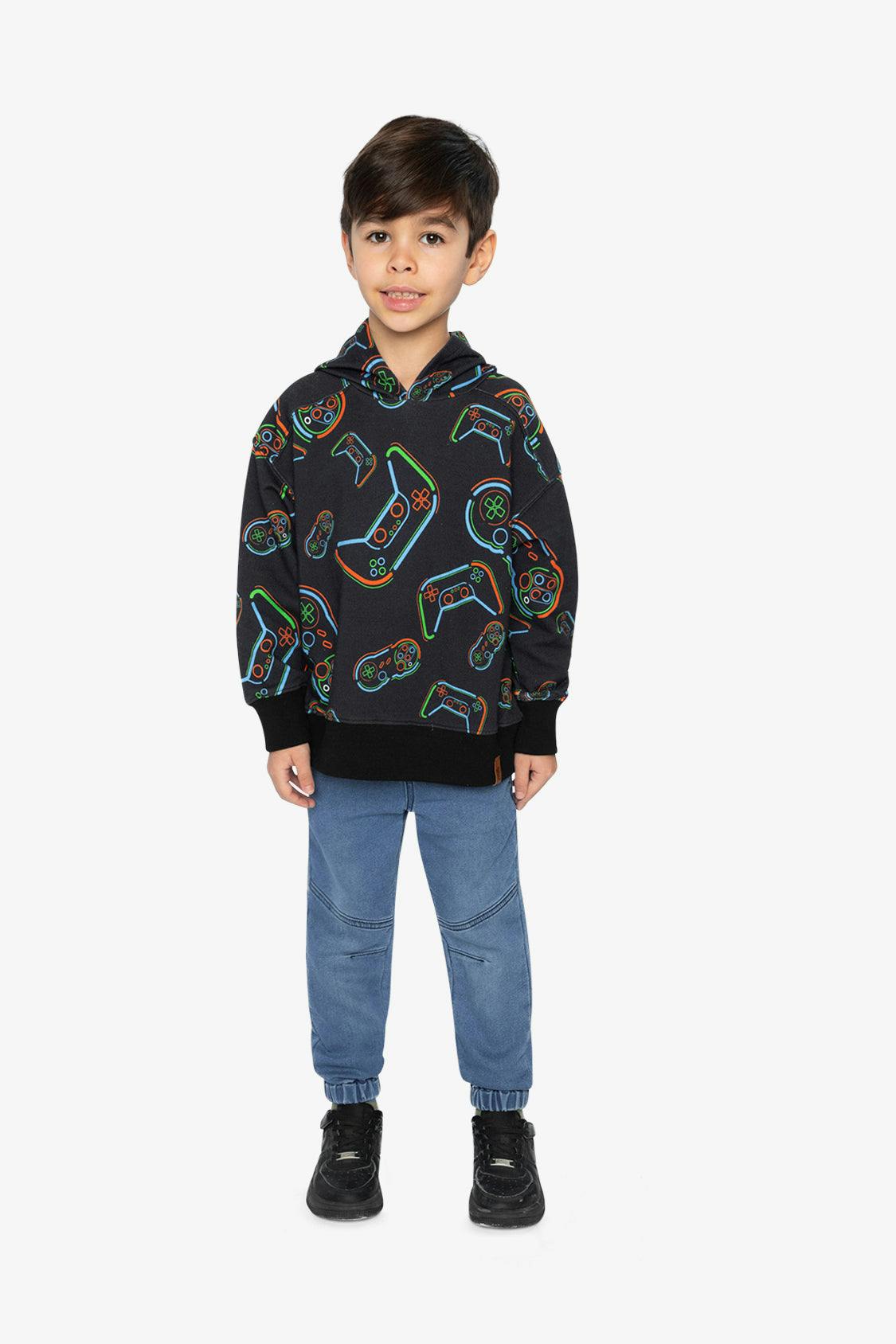 Fleece Hooded Sweatshirt Black Printed Controller