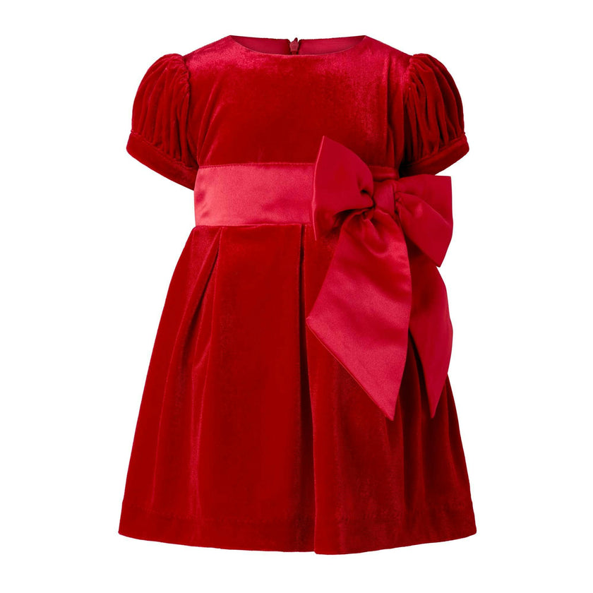 Baby Crushed Velvet Bow Ribbon Tie Short Puff Sleeve Dress