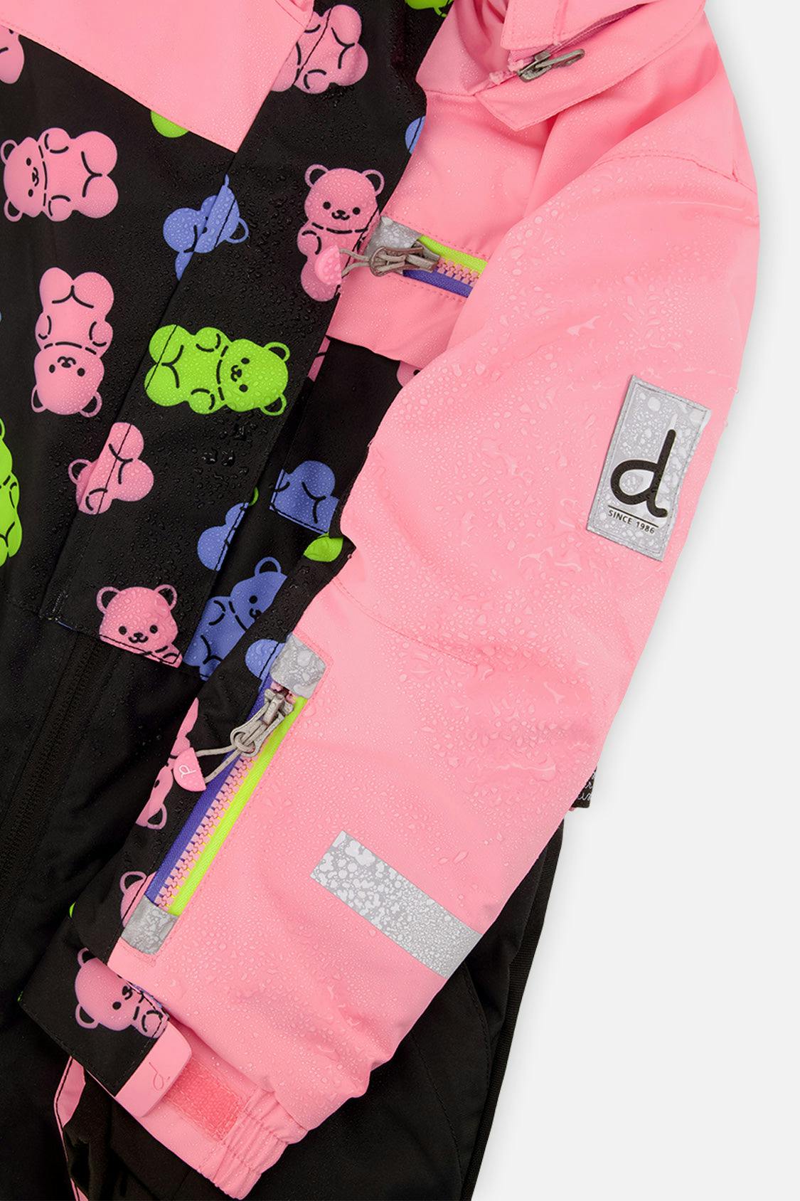 Kids One Piece Play Snowsuit Pink And Black Gummy Bear Print