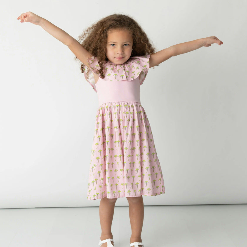 Pink Palms Mixed Fabric Ruffle Dress
