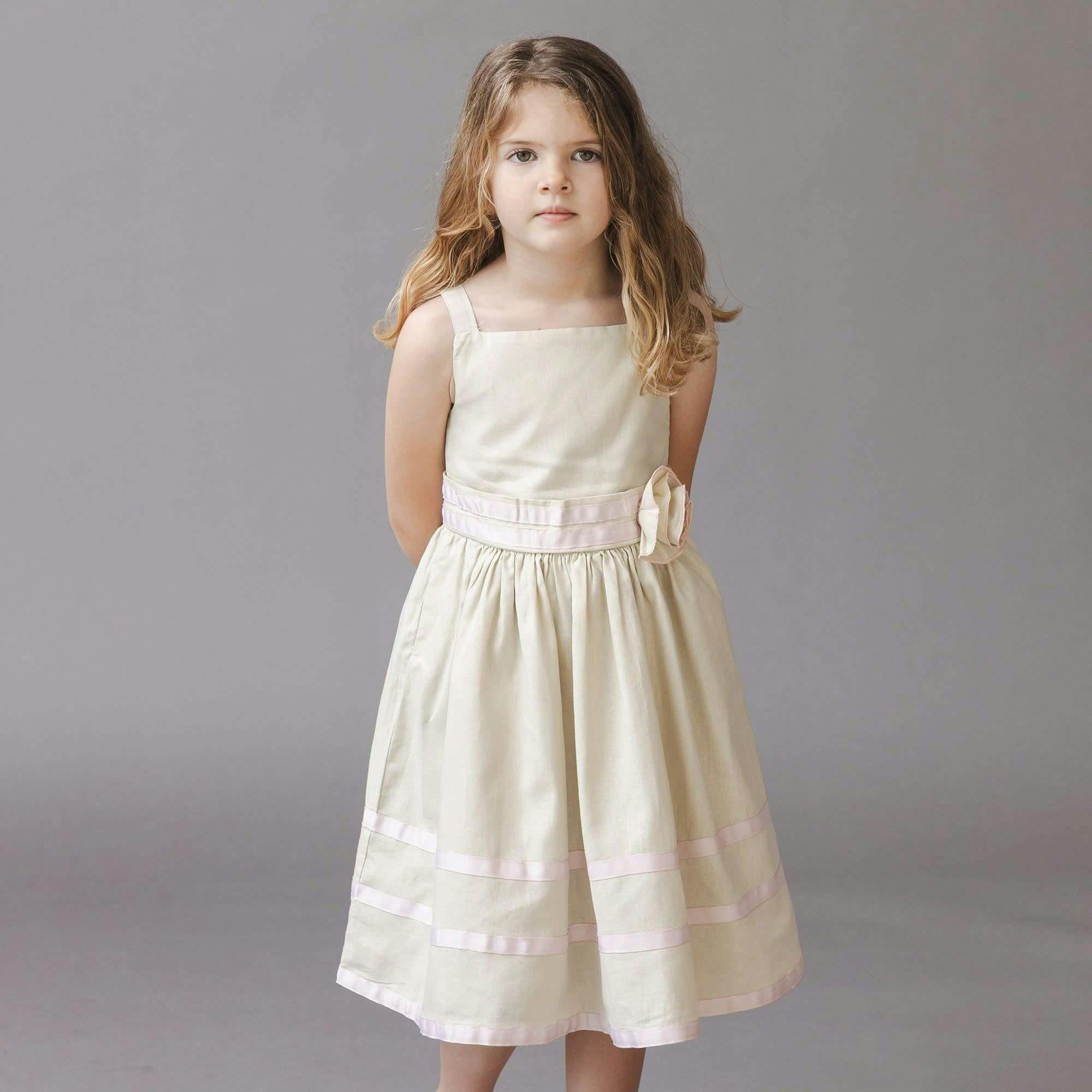 Linen Cami Rosette Dress, Brown