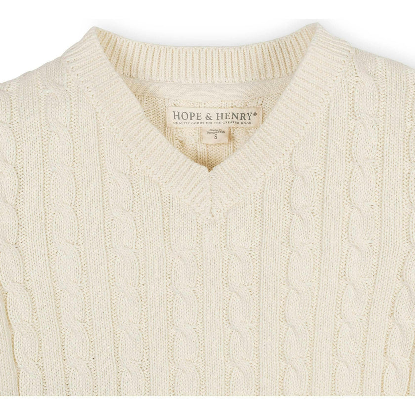 Organic Long Sleeve V-Neck Cable Sweater, White