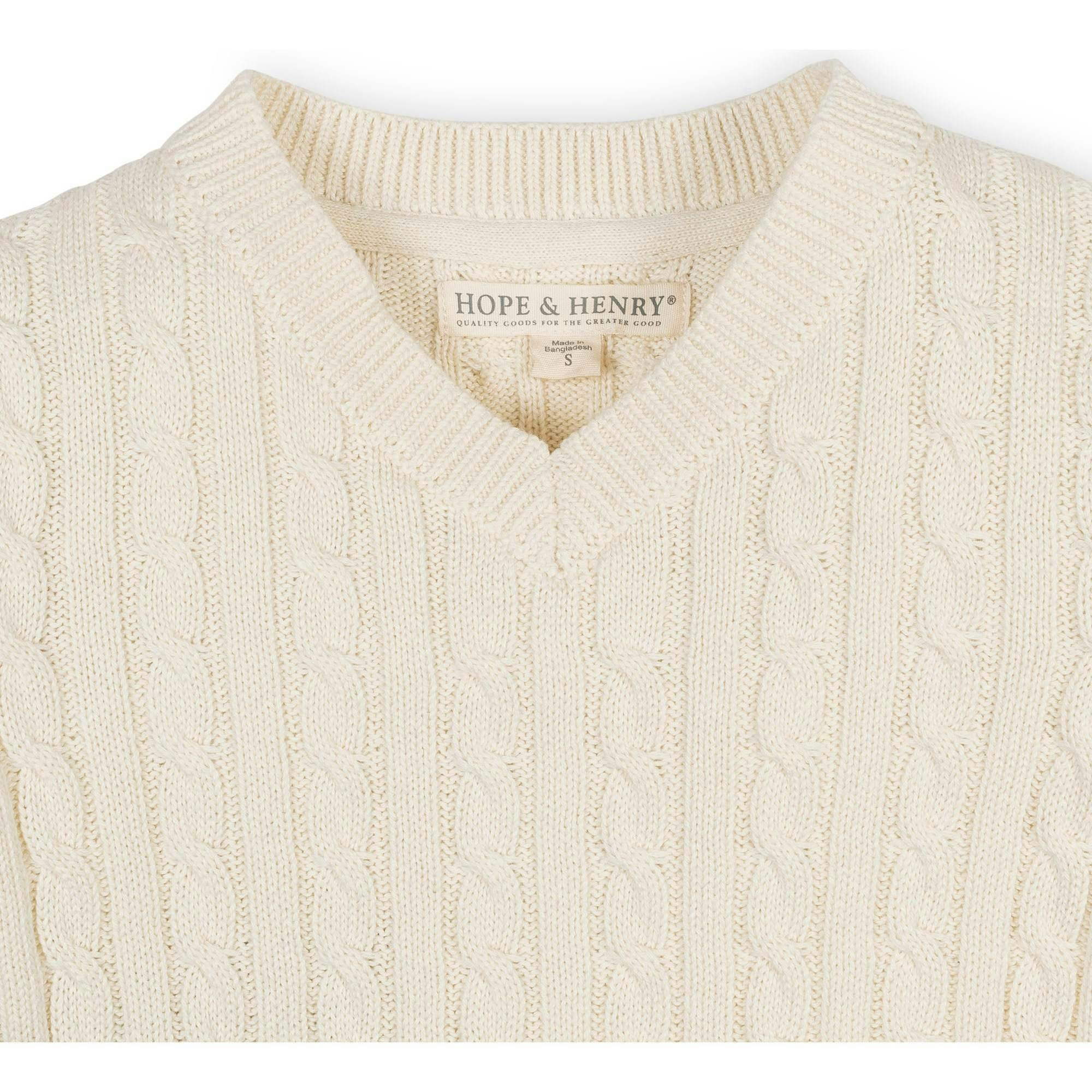 Organic Long Sleeve V-Neck Cable Sweater, White