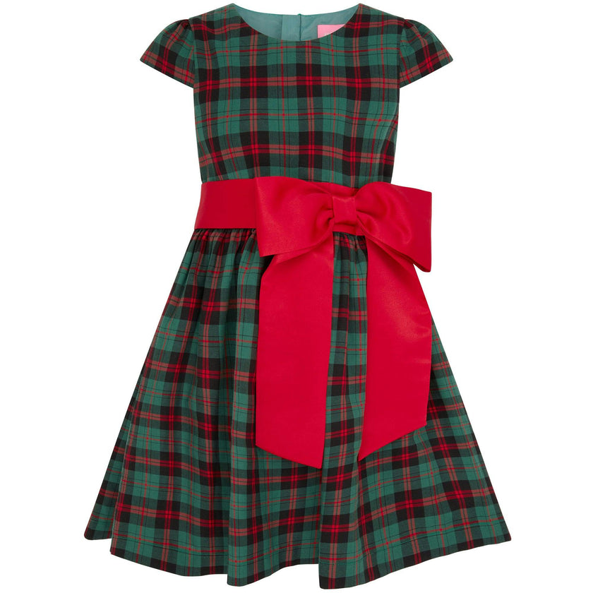 Cameron Plaid & Satin Bow Girls Party Dress