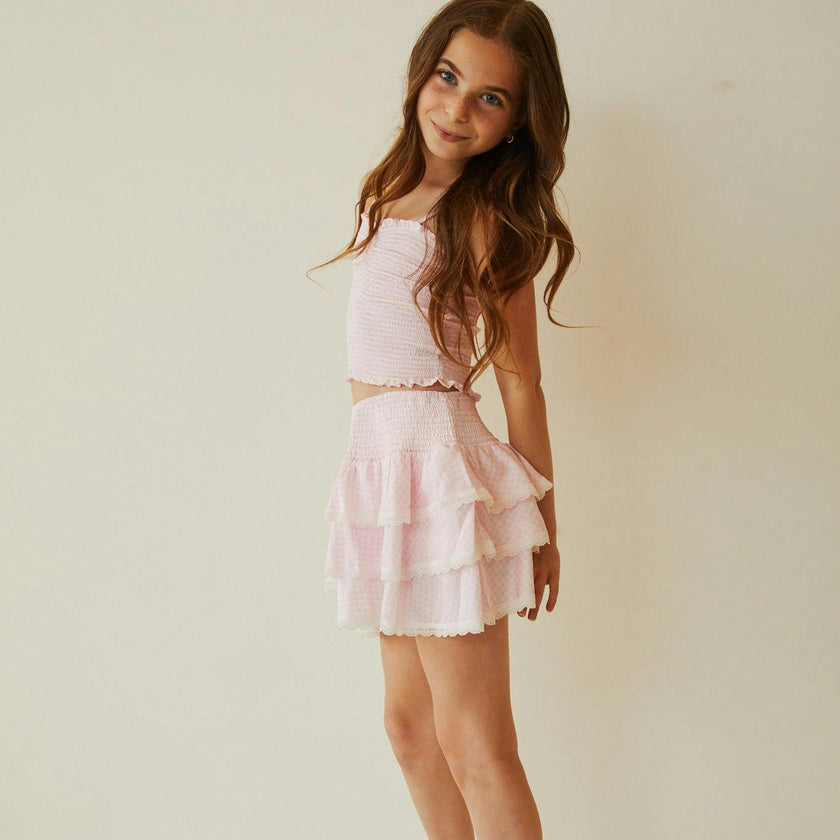 Gemma Pastel Pink & White Gingham Hearts Satin Mini Skirt