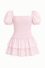 Lexi Pastel Pink Ditsy Satin Smocked Short Sleeve Ruffle Dress