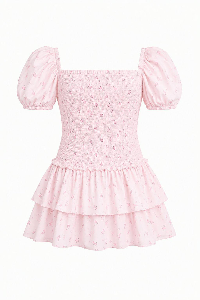 Lexi Pastel Pink Ditsy Satin Smocked Short Sleeve Ruffle Dress