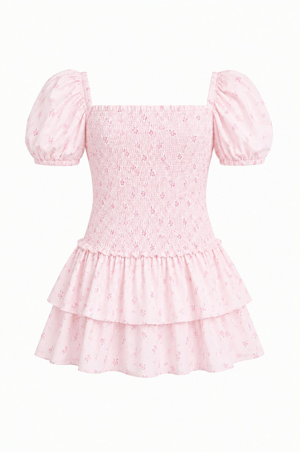 Lexi Pastel Pink Ditsy Satin Smocked Short Sleeve Ruffle Dress