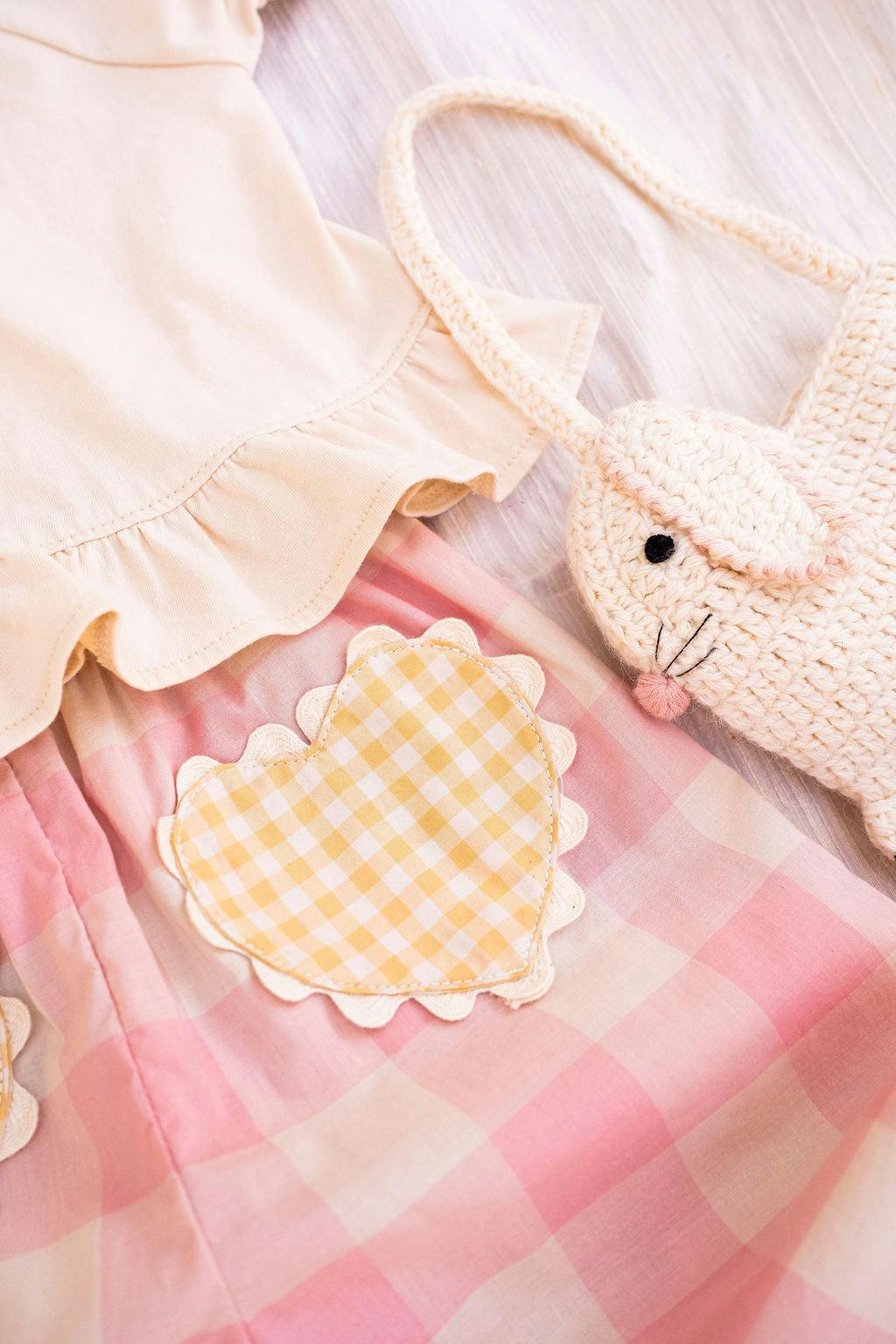 Heart Pocket Pant Set in Pink Gingham