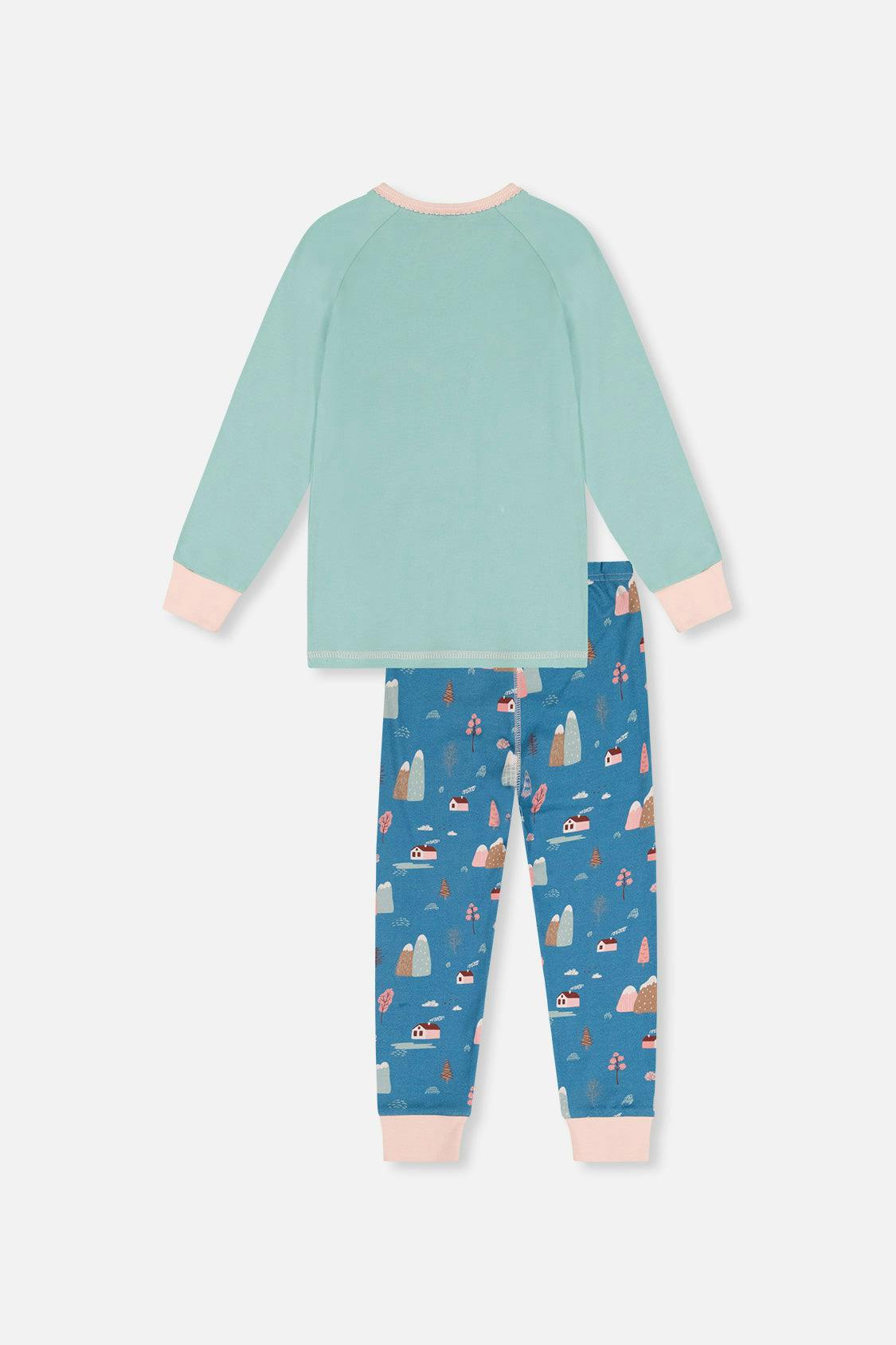 Organic Cotton Two Piece Pajama Set Blue House Print