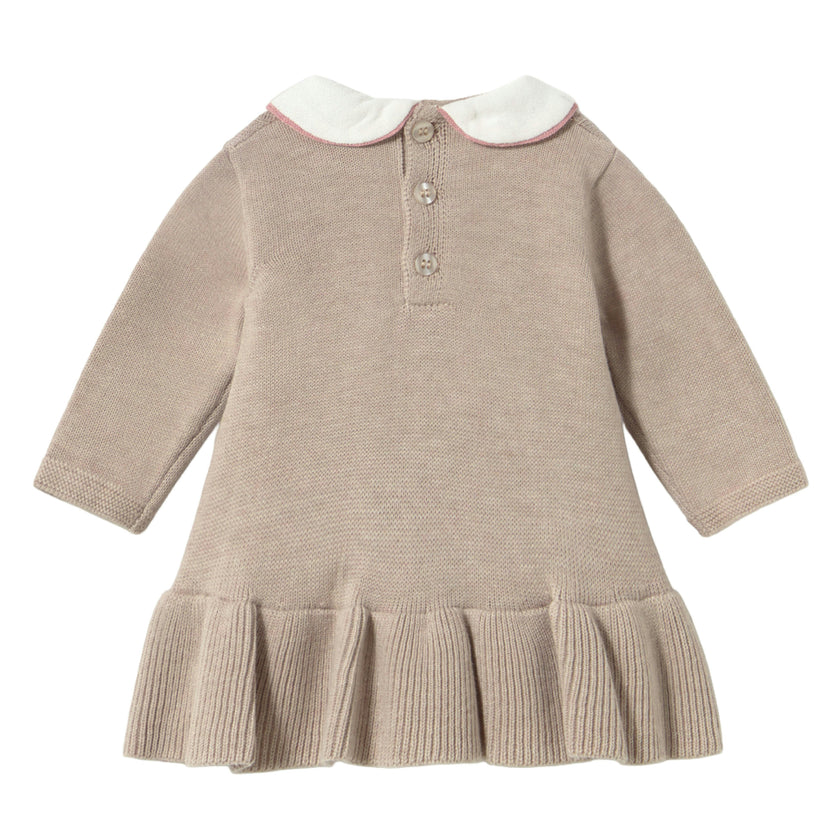 Beige Knitted Dress with Bow Accents