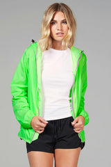 Green fluo full zip packable rain jacket and windbreaker