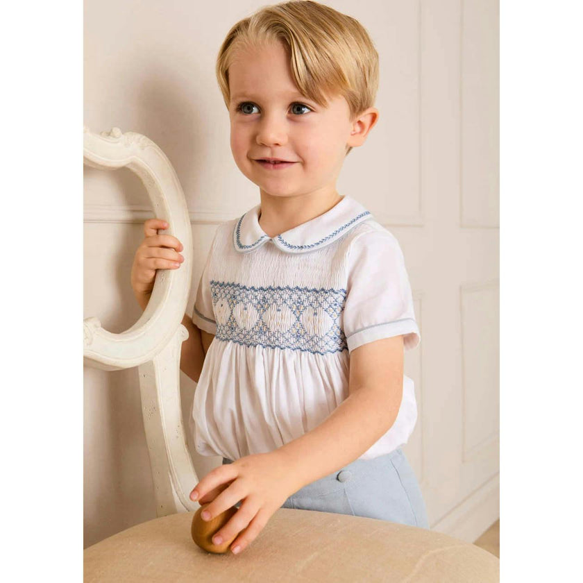 Hand Smocked Peter Pan Collar Short Sleeve Two Piece Set in Sky Blue (12mths-6yrs)