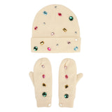 Packed Party White Gem Rhinestone Knit Beanie and Mittens Set - Double-Layer Rib Knit with Iridescent Gems and Rhinestone Mittens, One Size Fits All