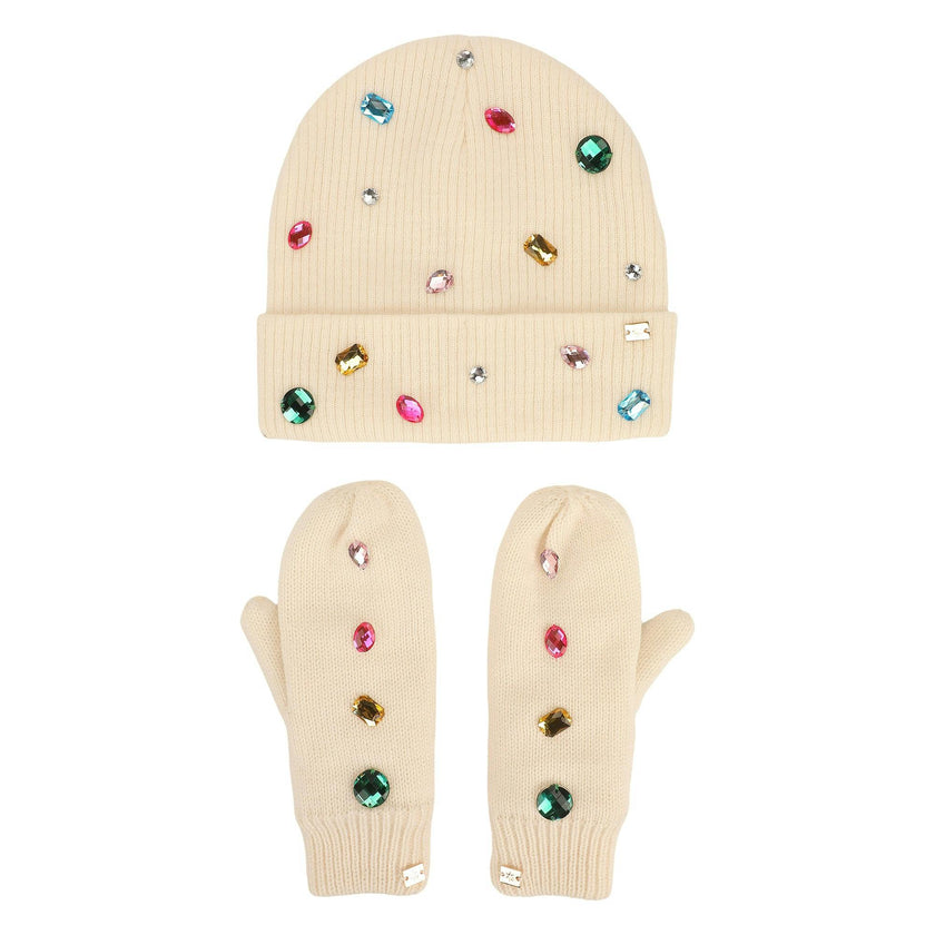 Packed Party White Gem Rhinestone Knit Beanie and Mittens Set - Double-Layer Rib Knit with Iridescent Gems and Rhinestone Mittens, One Size Fits All