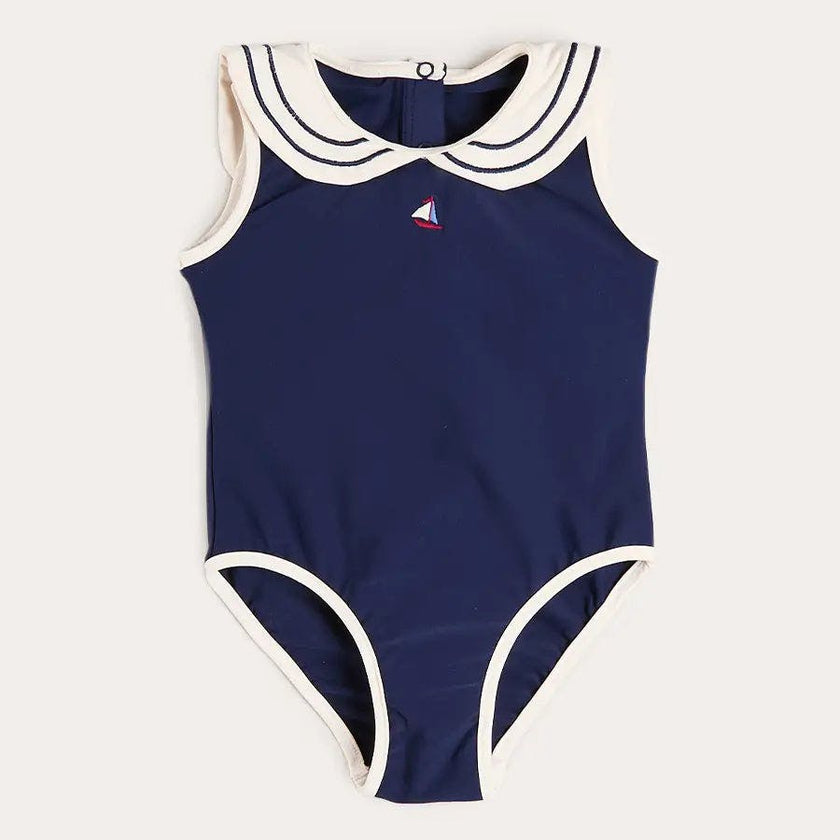 Mariner Collar Embroidered Boat Motif Swimsuit in Navy (12mths-10yrs)
