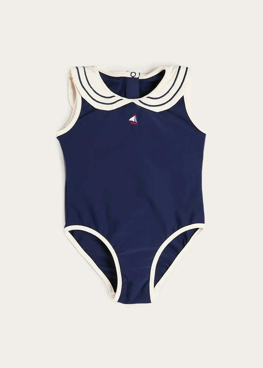 Mariner Collar Embroidered Boat Motif Swimsuit in Navy (12mths-10yrs)