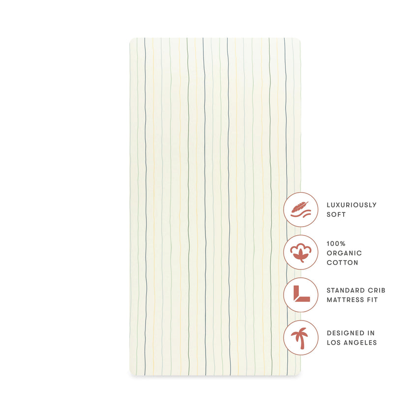 Crib Sheet in GOTS Certified Organic Brushed Cotton in Ivory with Cool Multi-Color Stripes