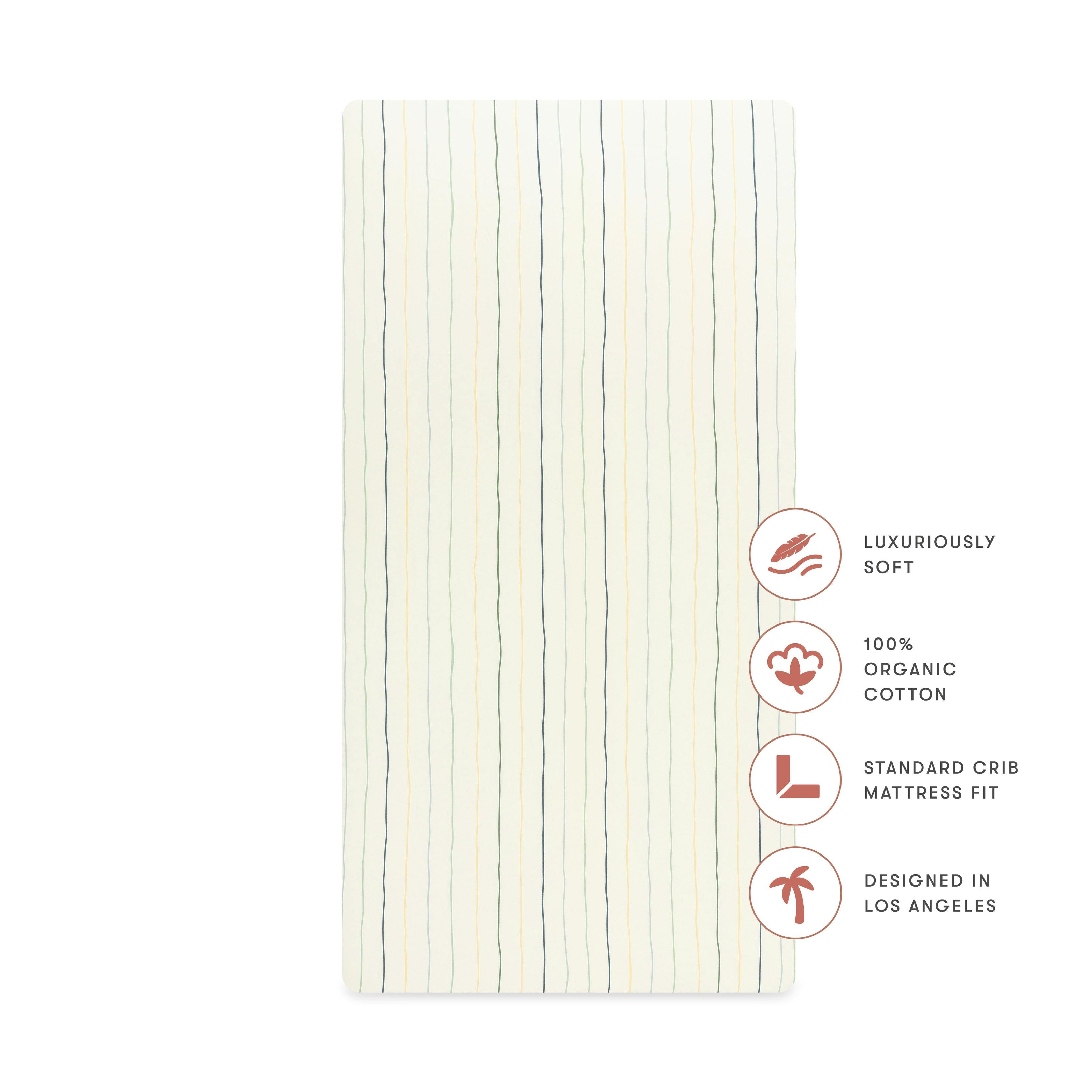 Crib Sheet in GOTS Certified Organic Brushed Cotton in Ivory with Cool Multi-Color Stripes