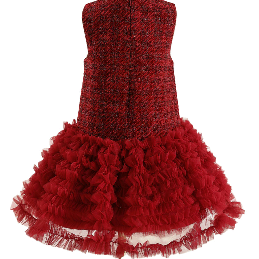 Red Tweed & Tulle Ruffle Dress