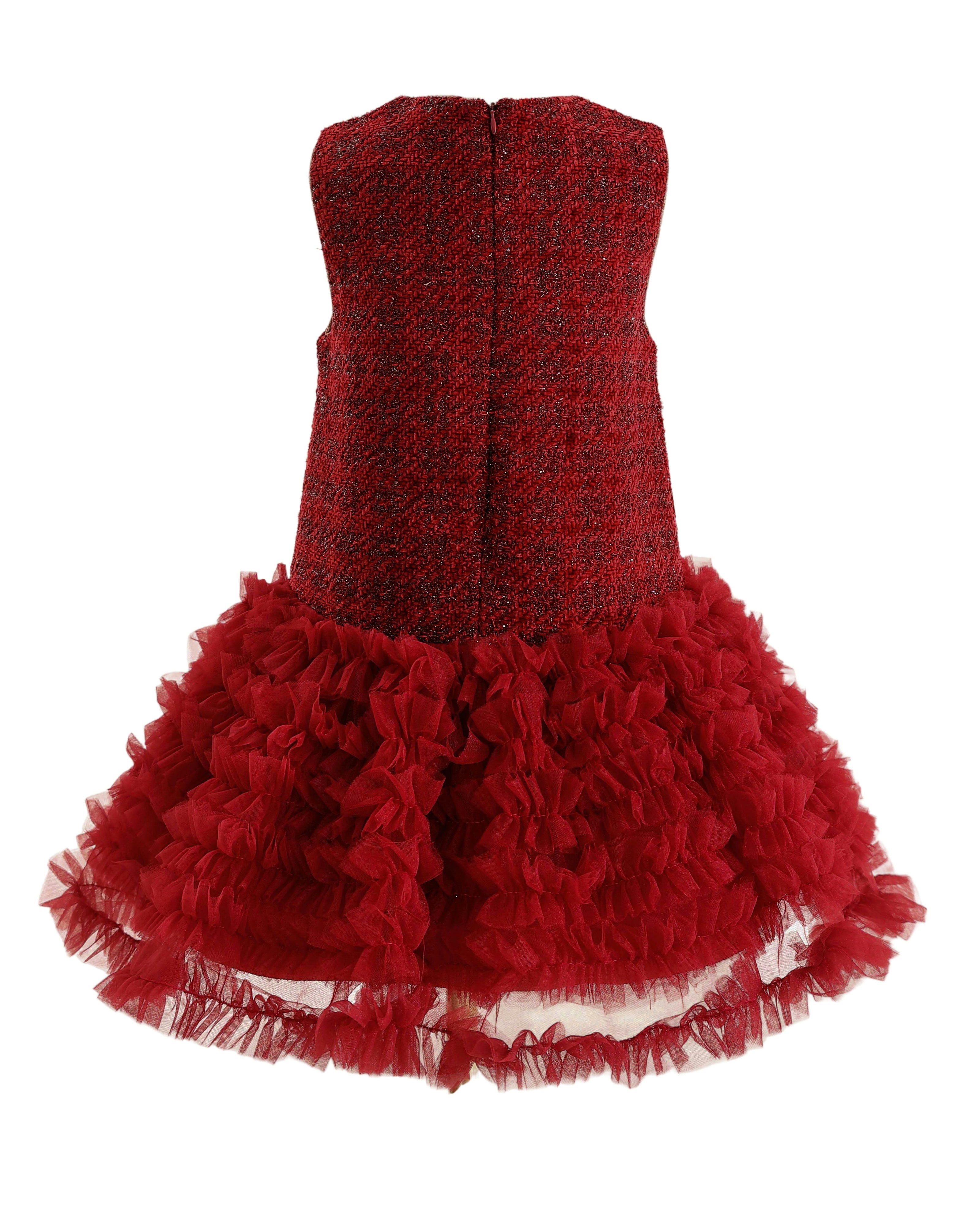 Red Tweed & Tulle Ruffle Dress