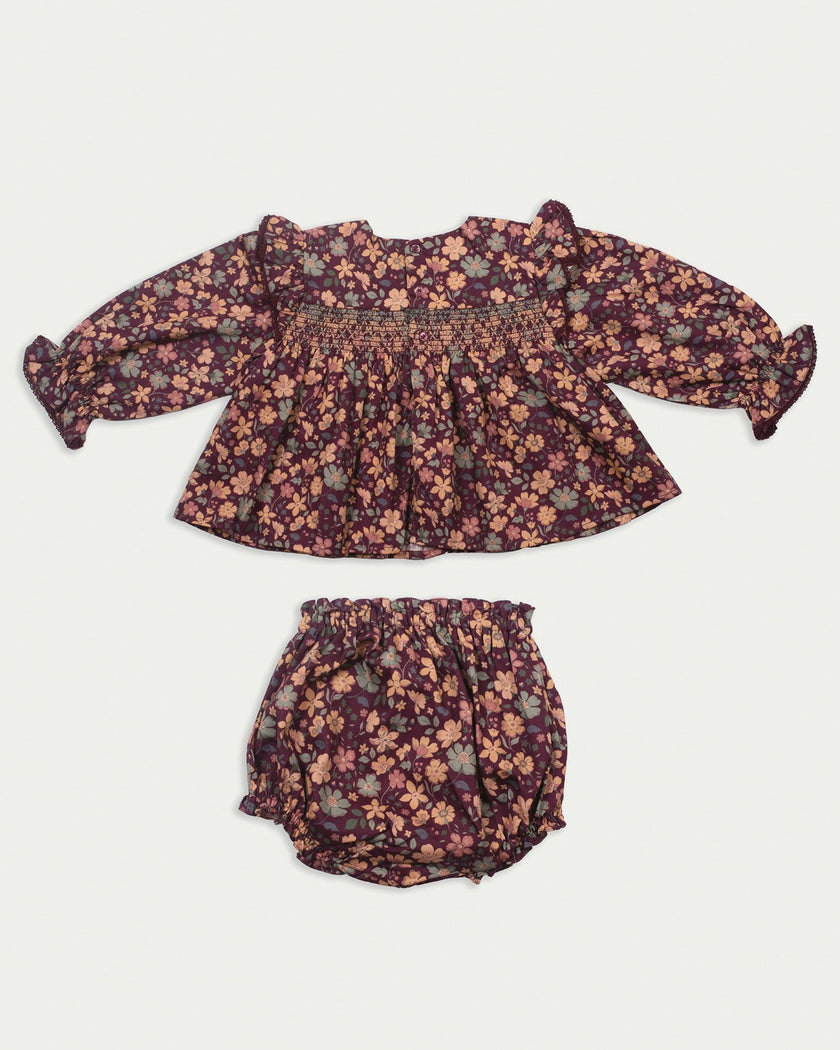 Ellie Baby Dress & Bloomer Set - Garden Flowers Plum