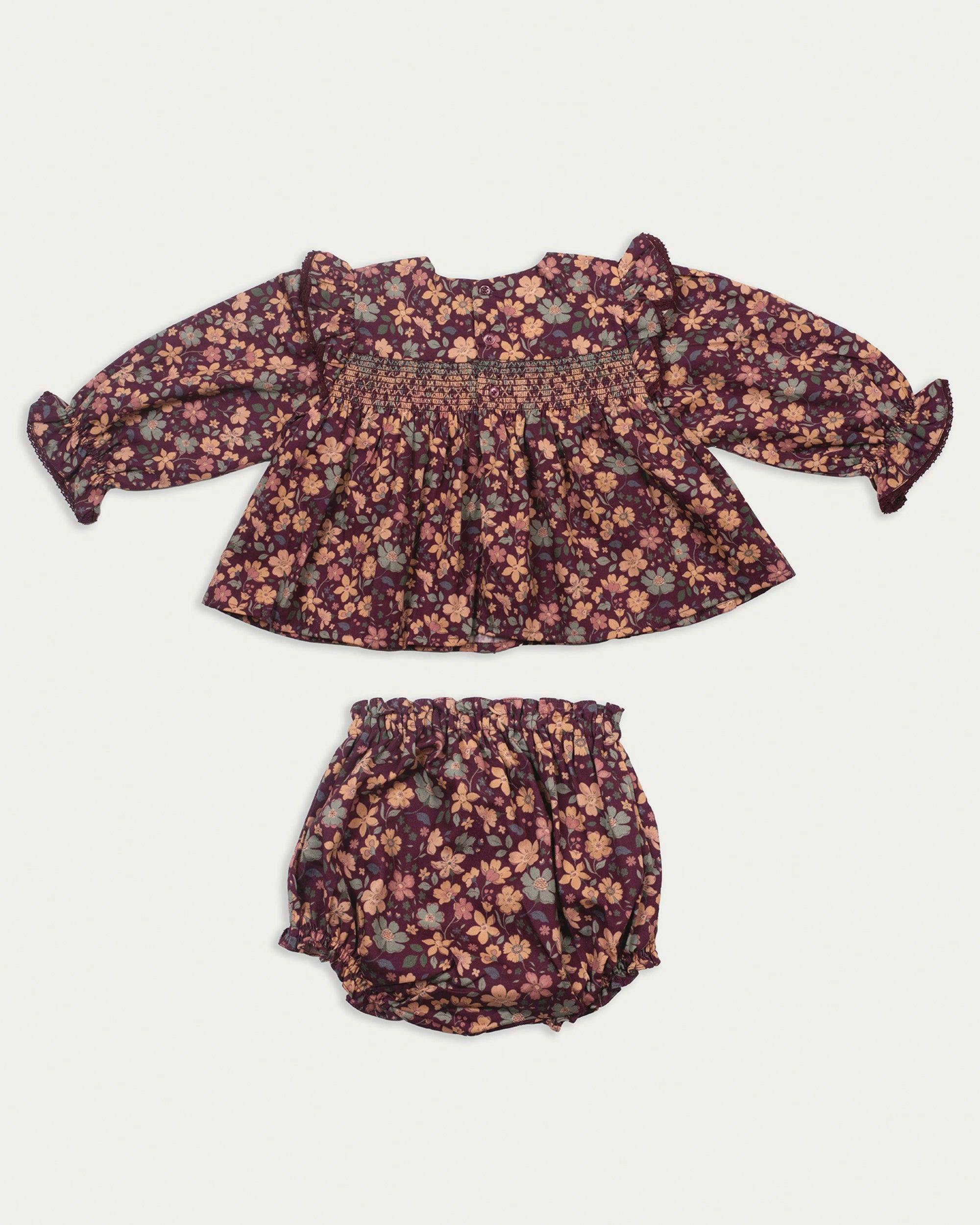 Ellie Baby Dress & Bloomer Set - Garden Flowers Plum