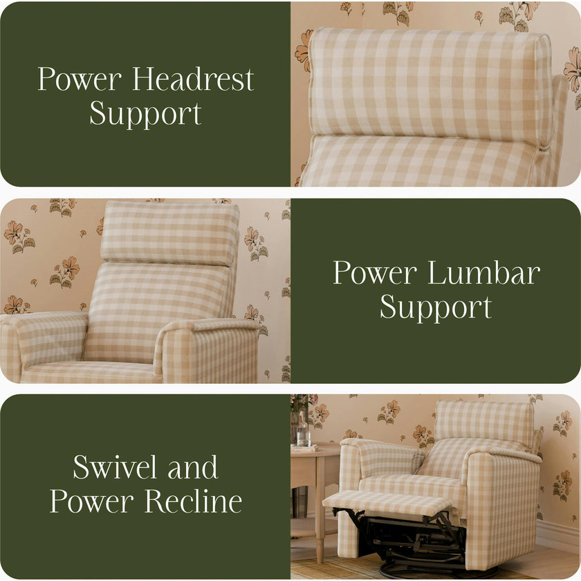 Willa Pro Power Glider Recliner w/ Power Lumbar in Tan Gingham