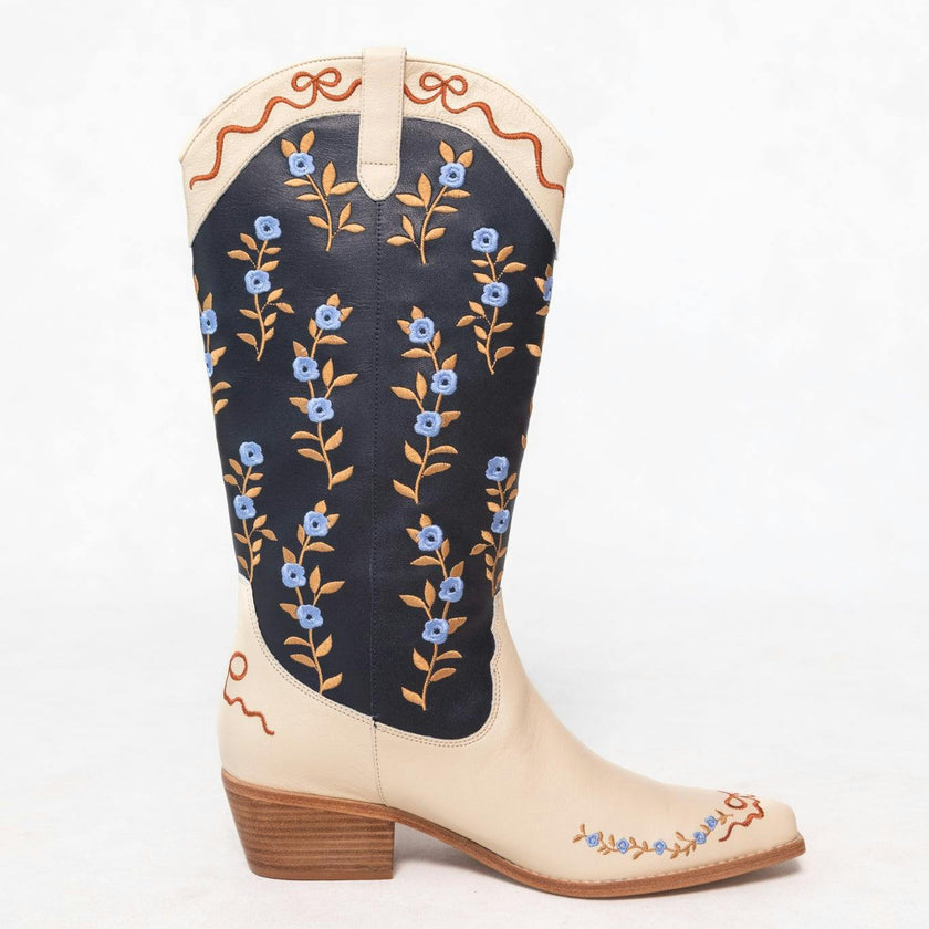 Rosemary Cowgirl Boots in Cream & Navy
