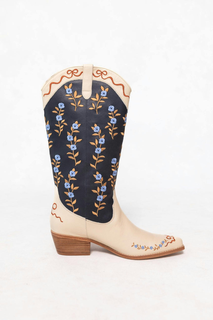 Rosemary Cowgirl Boots in Cream & Navy