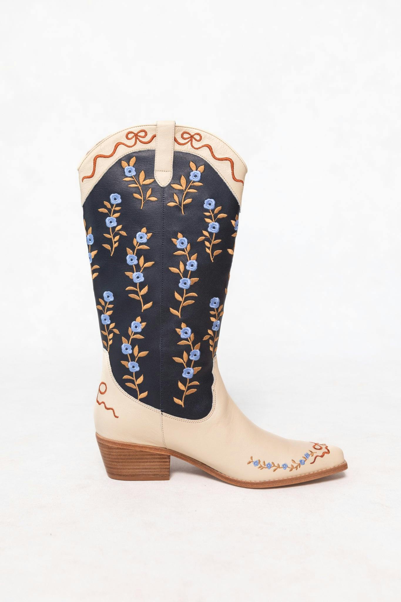 Rosemary Cowgirl Boots in Cream & Navy